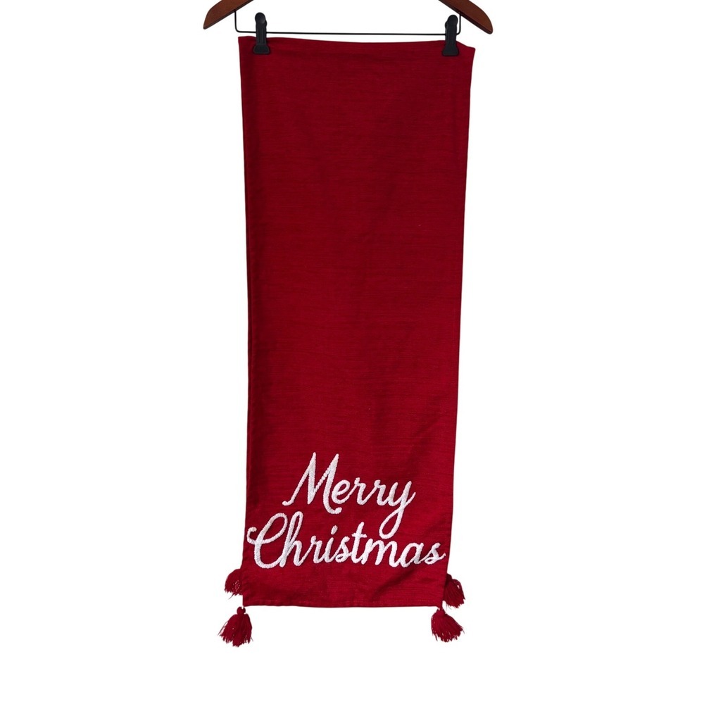 At Home Red Merry Christmas Table Runner Embroidered Tassels Holiday Decor 72in